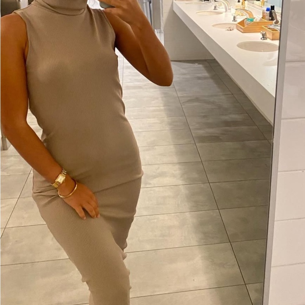 Tan Ribbed Mock Neck Sheath Dress